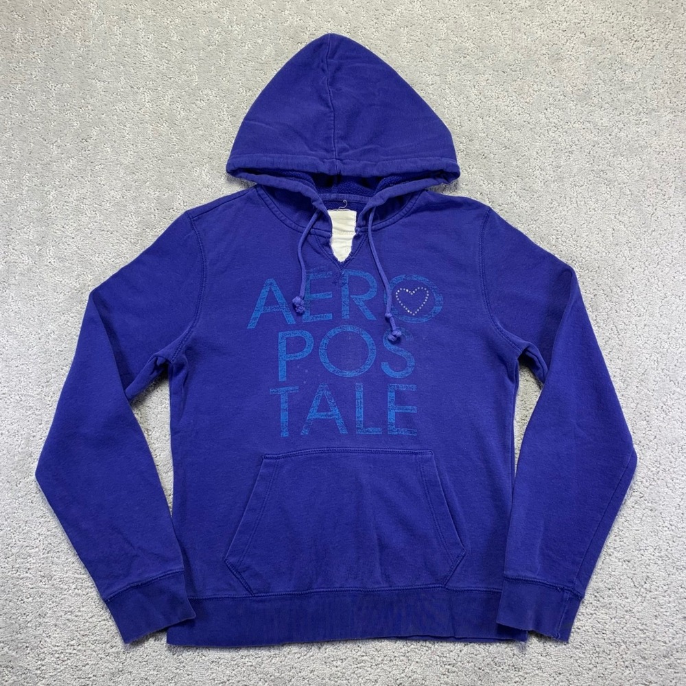 Aeropostale Hoodie Womens Large Blue Purple Sweatshirt Heart Logo Y2k